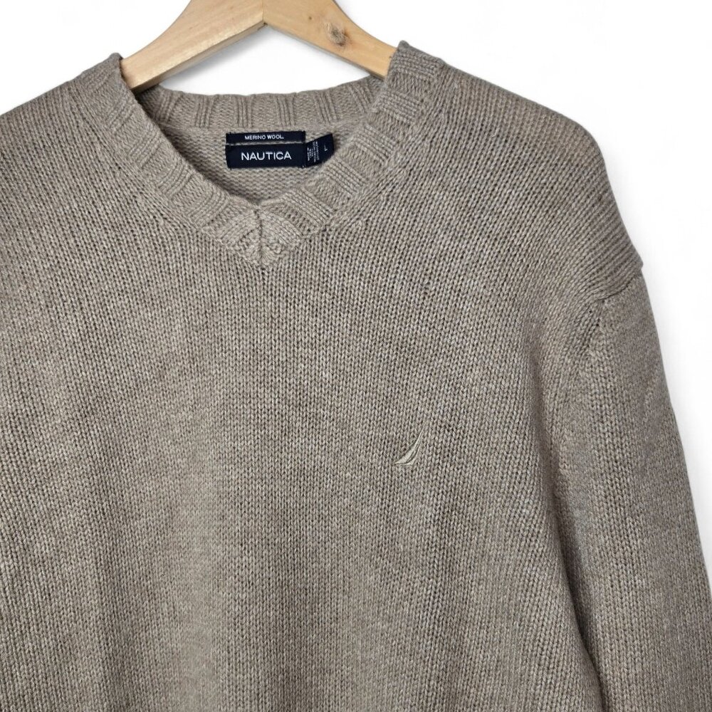 Nautica Merino Wool Blend V Neck Sweater Men's Tan‎ Chunky Knitted Preppy Size L